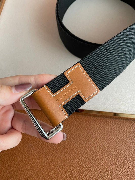 4.0CM BLACK TEXTILE BROWN LEATHER H BELT