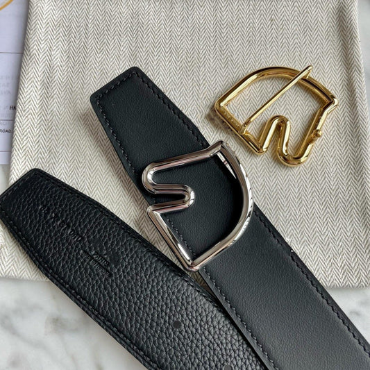 H BELT HORSE BUCKLE BLACK LEATHER REVERSIBLE 3.8CM