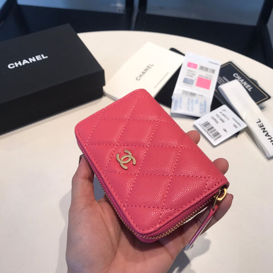 CC ZIPPED COIN BASIC PURSE 11 RED PINK CALFSKIN GOLD ICON