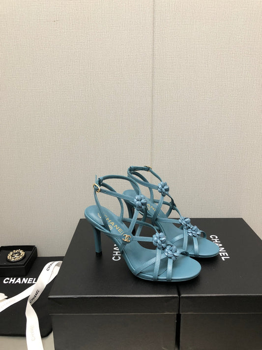 FLORAL HIGH HEEL SANDAL IN SAPPHIRE BLUE LAMBSKIN
