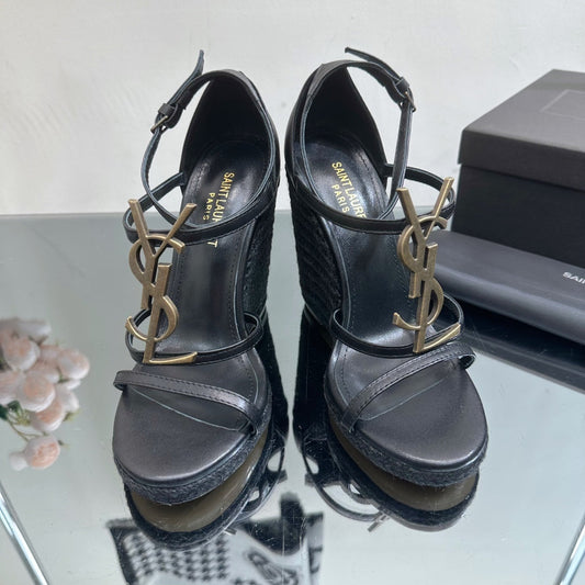 SL CASSANDRA WEDGE ESPADRILLES BLACK CALFSKIN