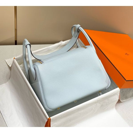 HERM Lindy 30cm Bag In Blue Brume Clemence Leather GHW