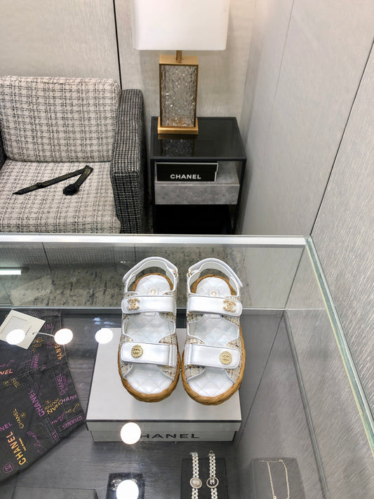 VELCRO SANDALS IN WHITE LAMBSKIN AND TWEED FABRIC