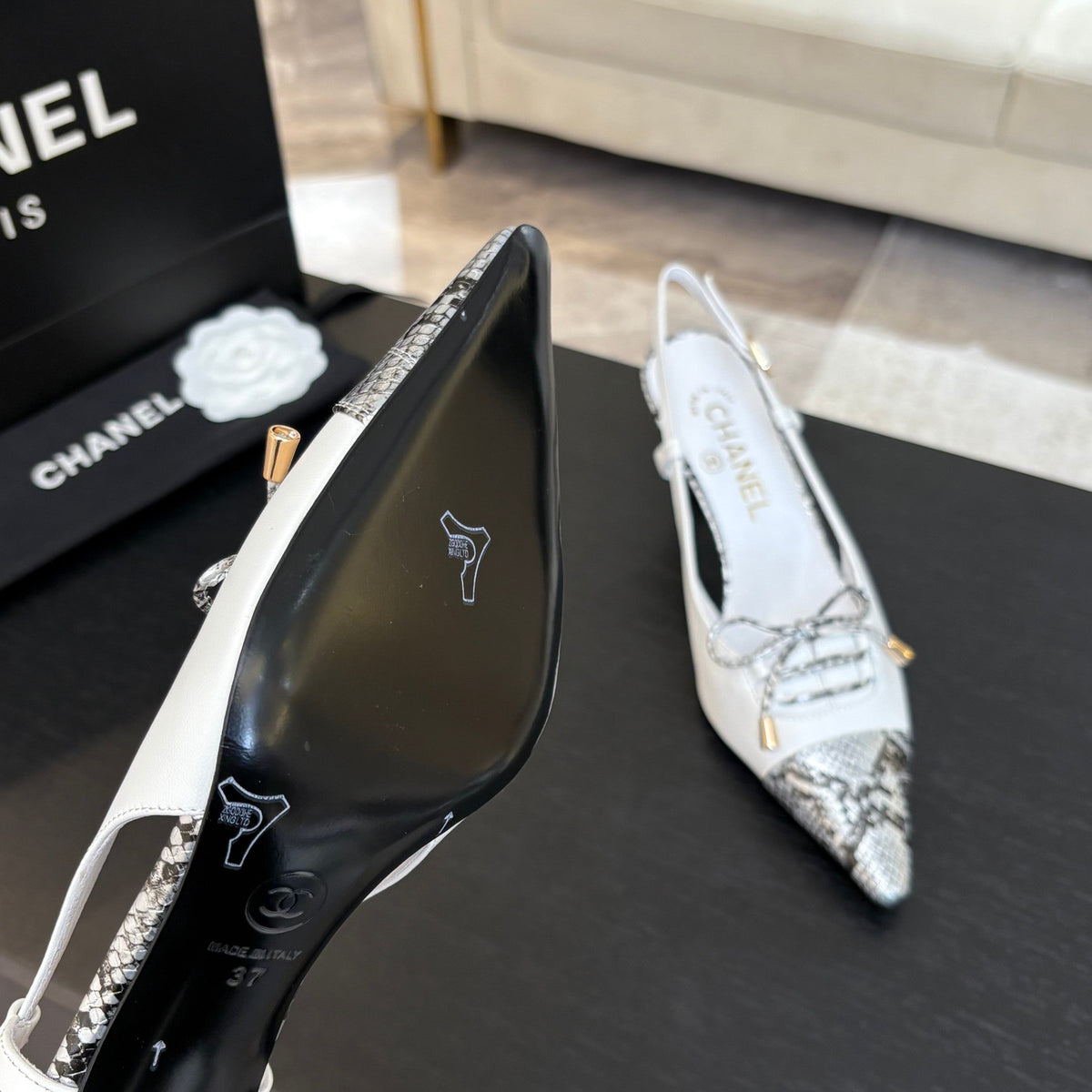 HIGH HEEL SLINGBACKS 65 MM IN WHITE WITH SNAKESKIN PATTERN LAMBSKIN