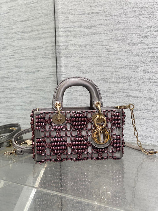 MINI LADY BAG 16 IN WENGE BROWN SATIN AND CALFSKIN WITH BEADED DESIGN