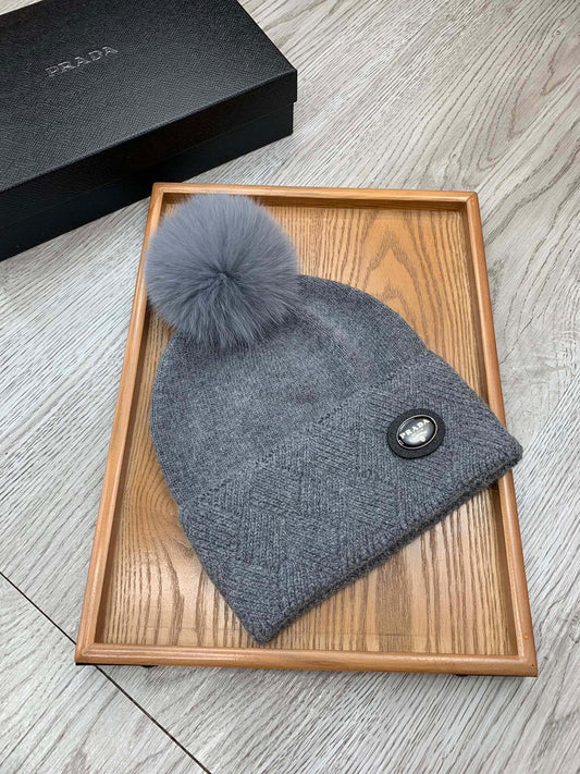 BEANIE HAT IN SHARK GRAY WOOL AND RABBIT FUR 346719