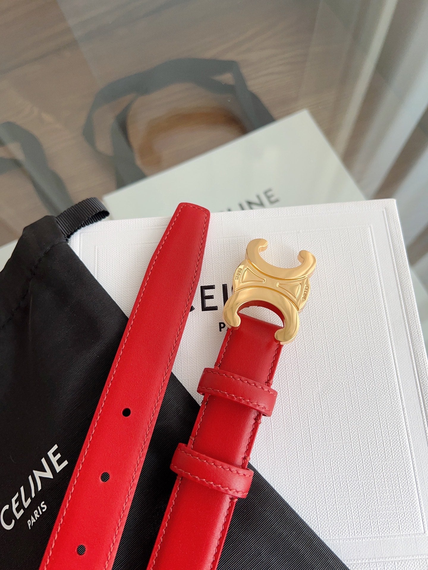 TRIOMPHE BELT 24MM IN RED CALFSKIN WITH GOLD BUCKLE