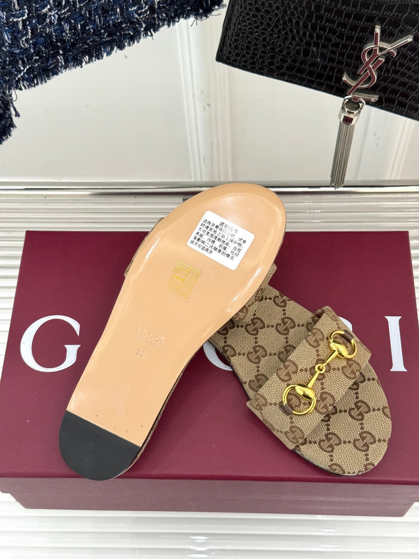 SLIDE SANDALS IN DARK BEIGE FABRIC EMBOSSED LOGO