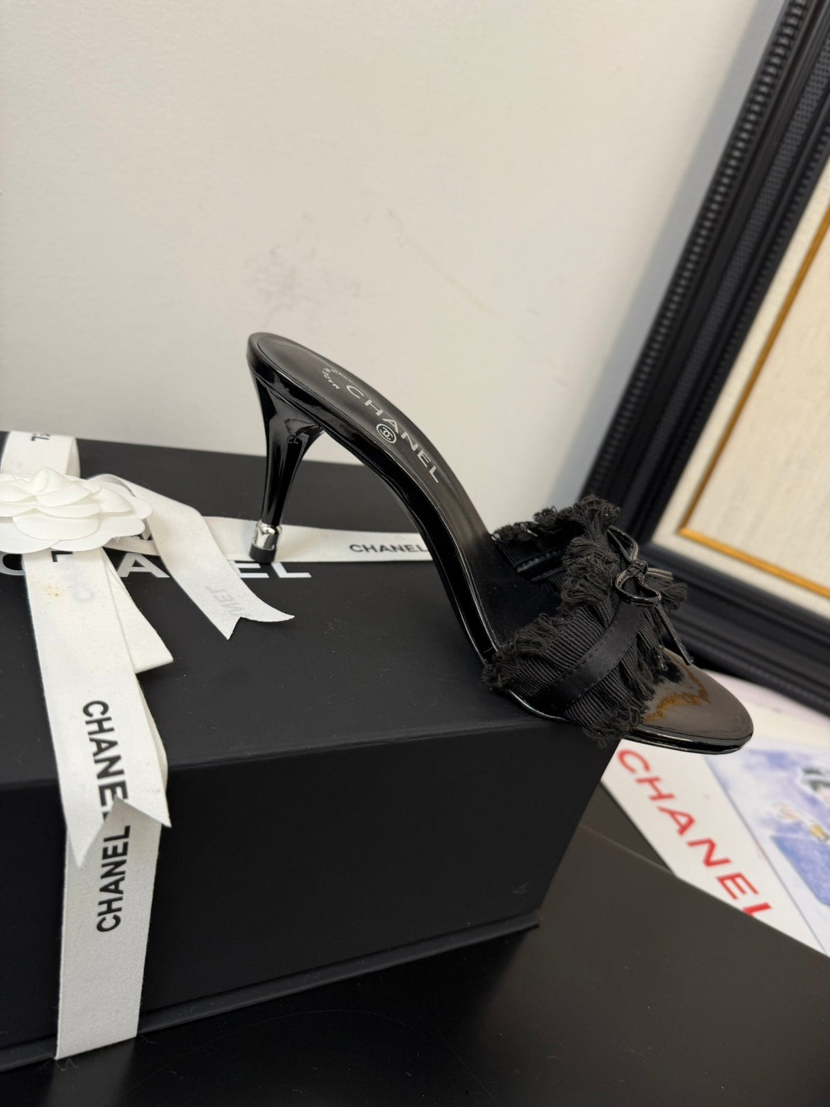 BLACK GROSGRAIN CANVAS BOW MULE SANDALS 90 MM