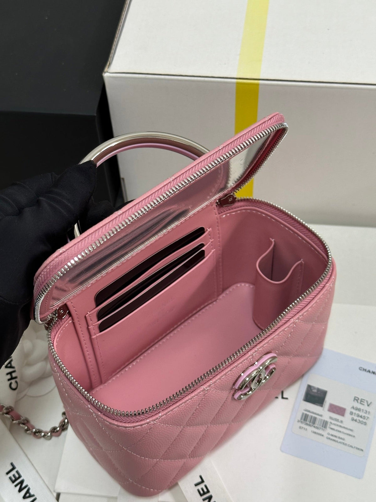 MINI VANITY TOP HANDLE CASE 17 IN PINK CAVIAR SKIN SILVER-TONE PLATED METAL
