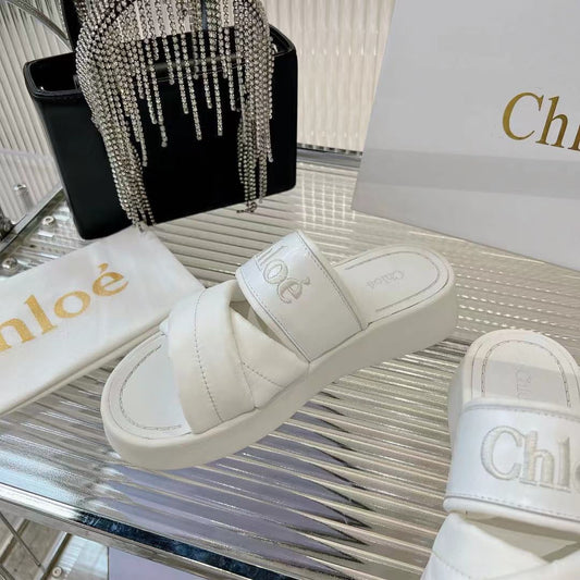 MILA FLAT SLIDES 5 CM IN WHITE CALFSKIN AND RE-NYLON