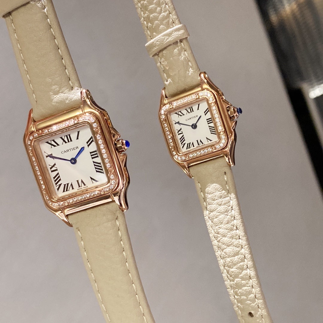 PANTHERE DE CARTIE DIAMOND BEZEL ROSE GOLD BEIGE LEATHER