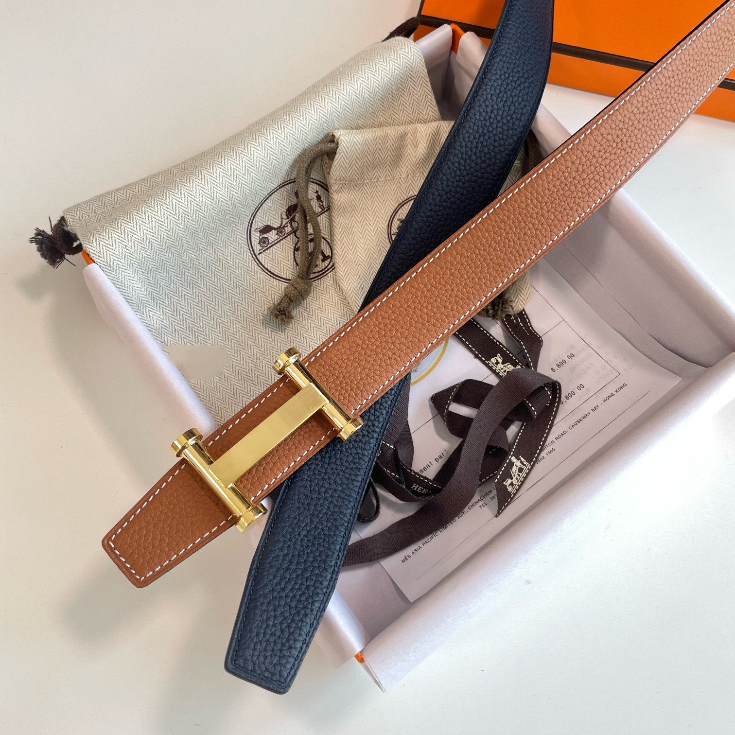 H AGORA BELT 32MM DARK BLUE BROWN LEATHER