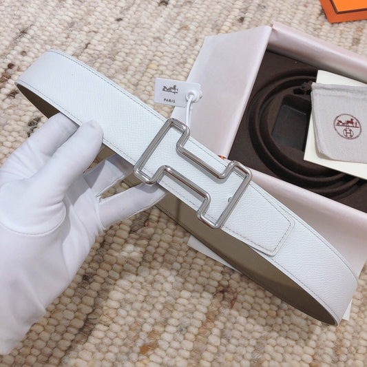 H TONIGHT BELT 38MM WHITE ETOUPE LEATHER