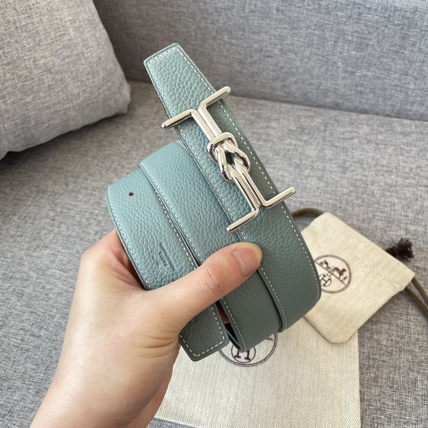 H MARIN REVERSIBLE BELT 32MM SILVER BUCKLE SKY BLUE BLACK LEATHER