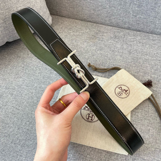 H MARIN REVERSIBLE BELT 32MM SILVER BUCKLE BLACK DARK GREEN LEATHER