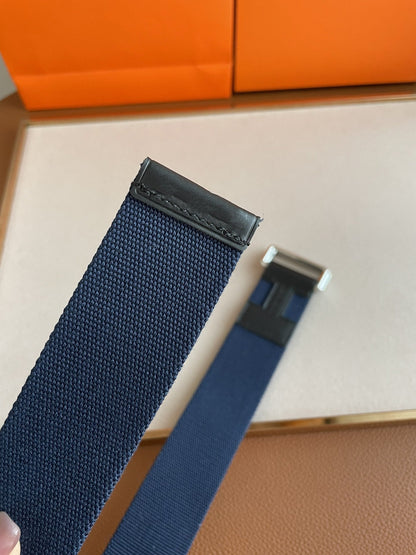 4.0CM BLUE TEXTILE  BLACK LEATHER H BELT