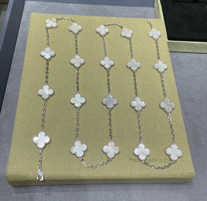 CLOVER 20 MOTIF WHITE MOP 86CM SILVER NECKLACE