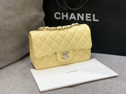 MINI RECTANGLE FLAP BAG 20CM YELLOW LAMBSKIN SILVER HARDWARE