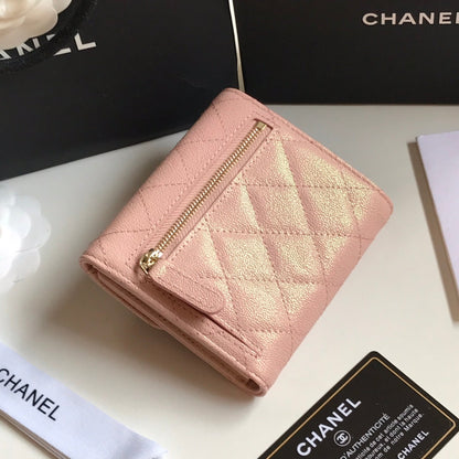 CC FLAP CARD HOLDER 11.5 PALE PINK GRAINED CALFSKIN GOLD ICON