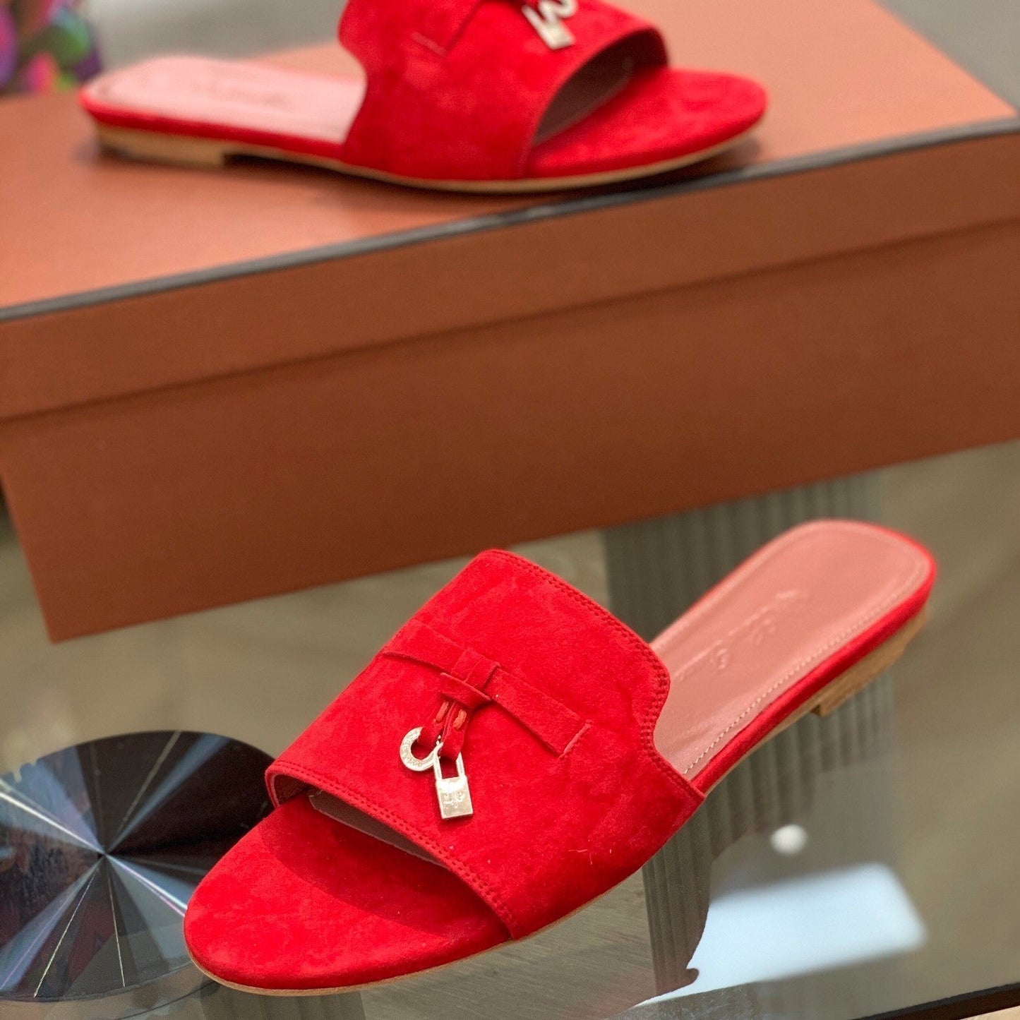 Summer Charms Sandals in Red Suede Pink Lambskin