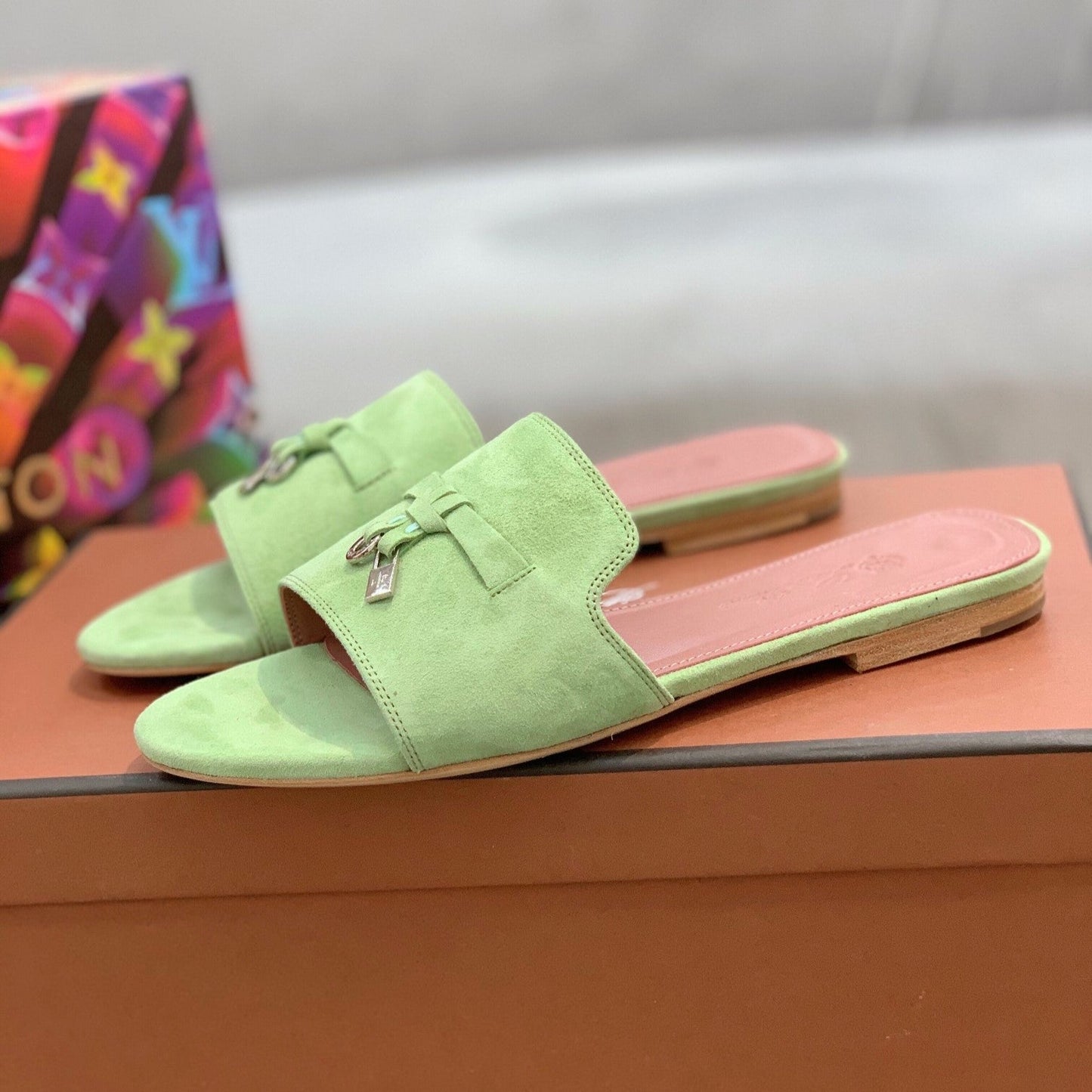 Summer Charms Sandals in Green Suede Pink Lambskin