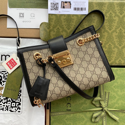 GG PADLOCK MEDIUM 26 SHOULDER BAG BEIGE CANVAS AND BLACK CALFSKIN