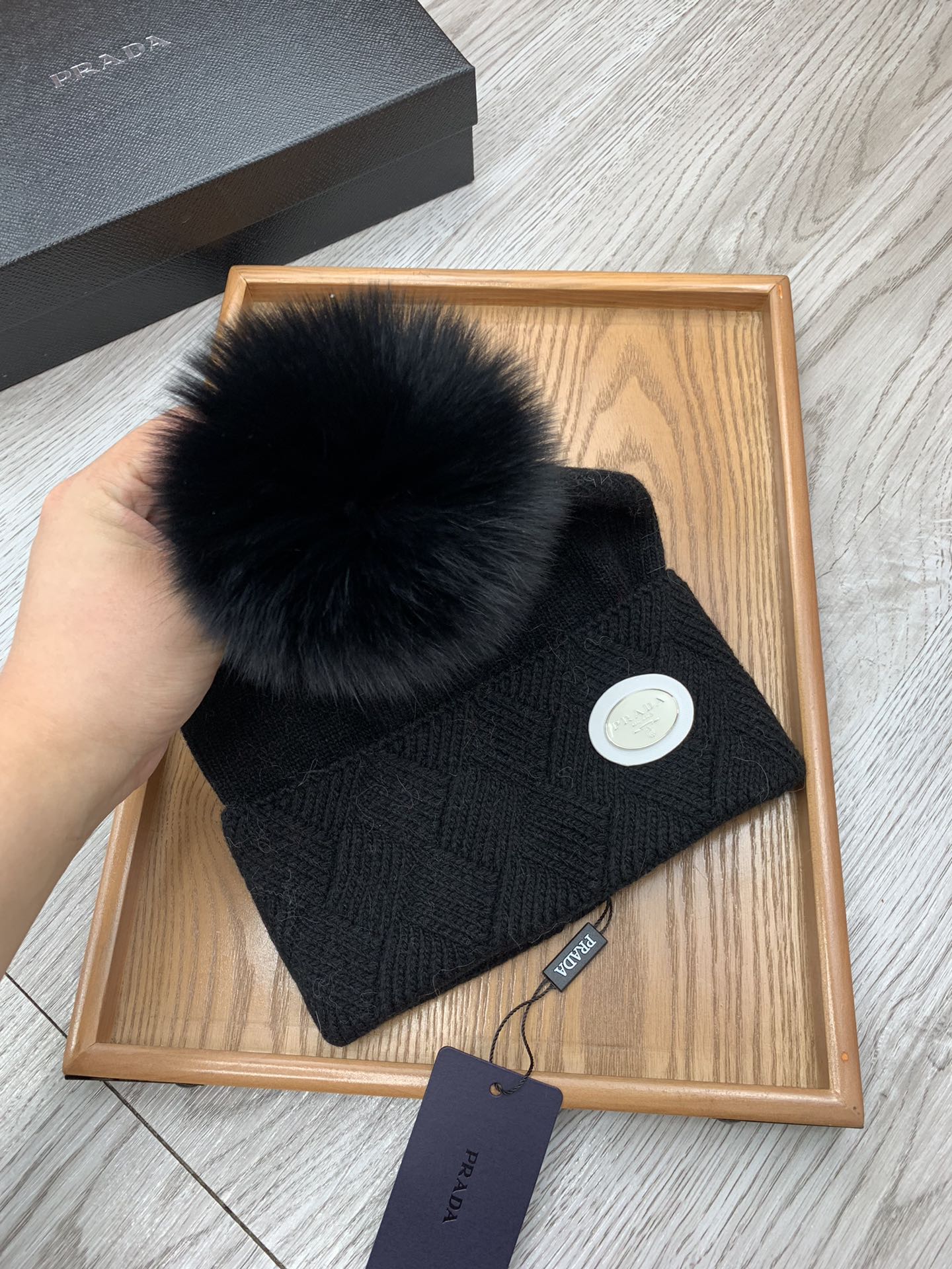 BEANIE HAT IN BLACK WOOL AND RABBIT FUR 346717