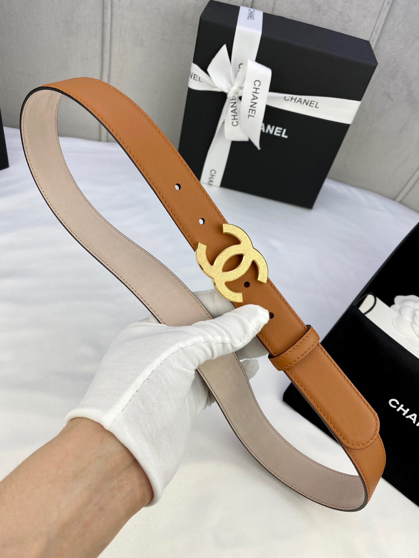 DOUBLE C BELT 30MM IN BROWN CALFSKIN METAL BUCKLE