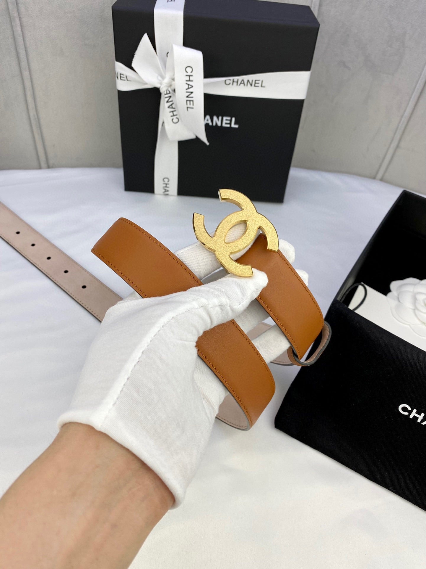 DOUBLE C BELT 30MM IN BROWN CALFSKIN METAL BUCKLE