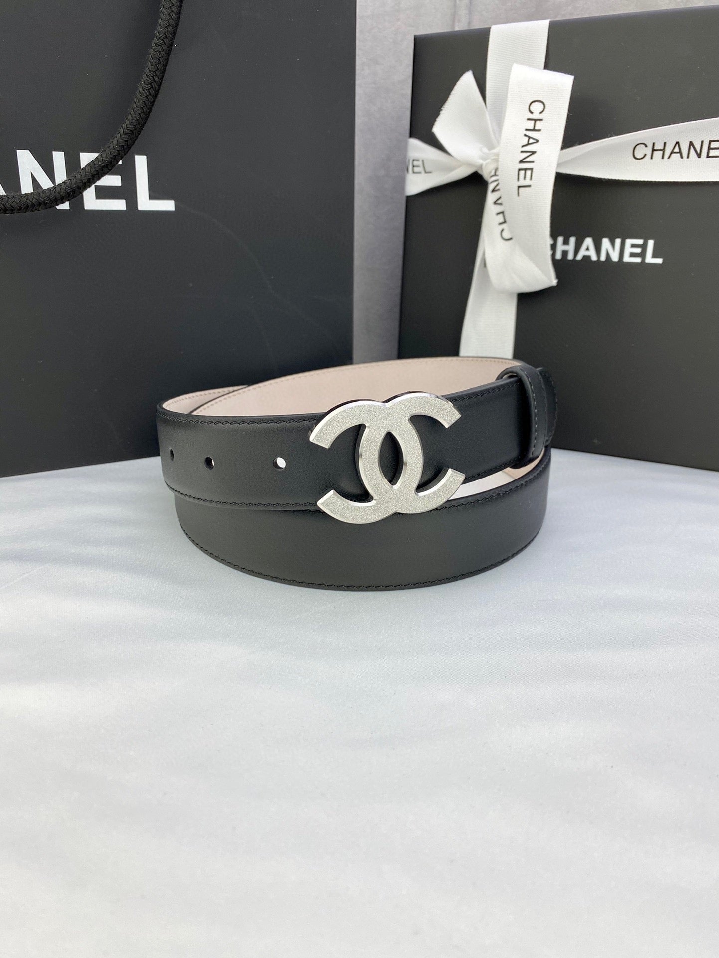 DOUBLE C BELT 30MM IN BLACK CALFSKIN METAL BUCKLE