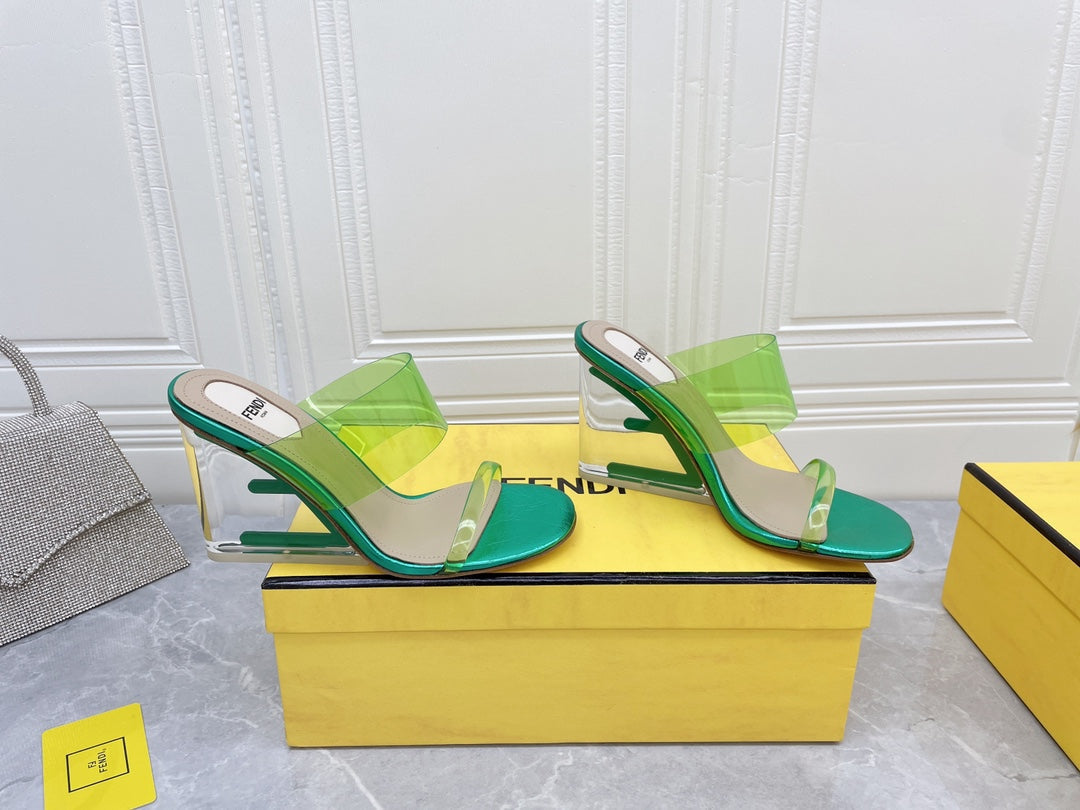 FENDI FIRST 95 MM HIGH-HEELED SANDAL IN GREEN FERN TPU FILM AND LAMBSKIN