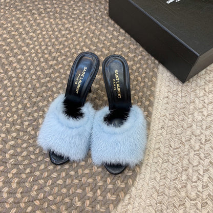 LA 16 HEELED MULES IN SKY BLUE RABBIT FUR AND SMOOTH LAMBSKIN