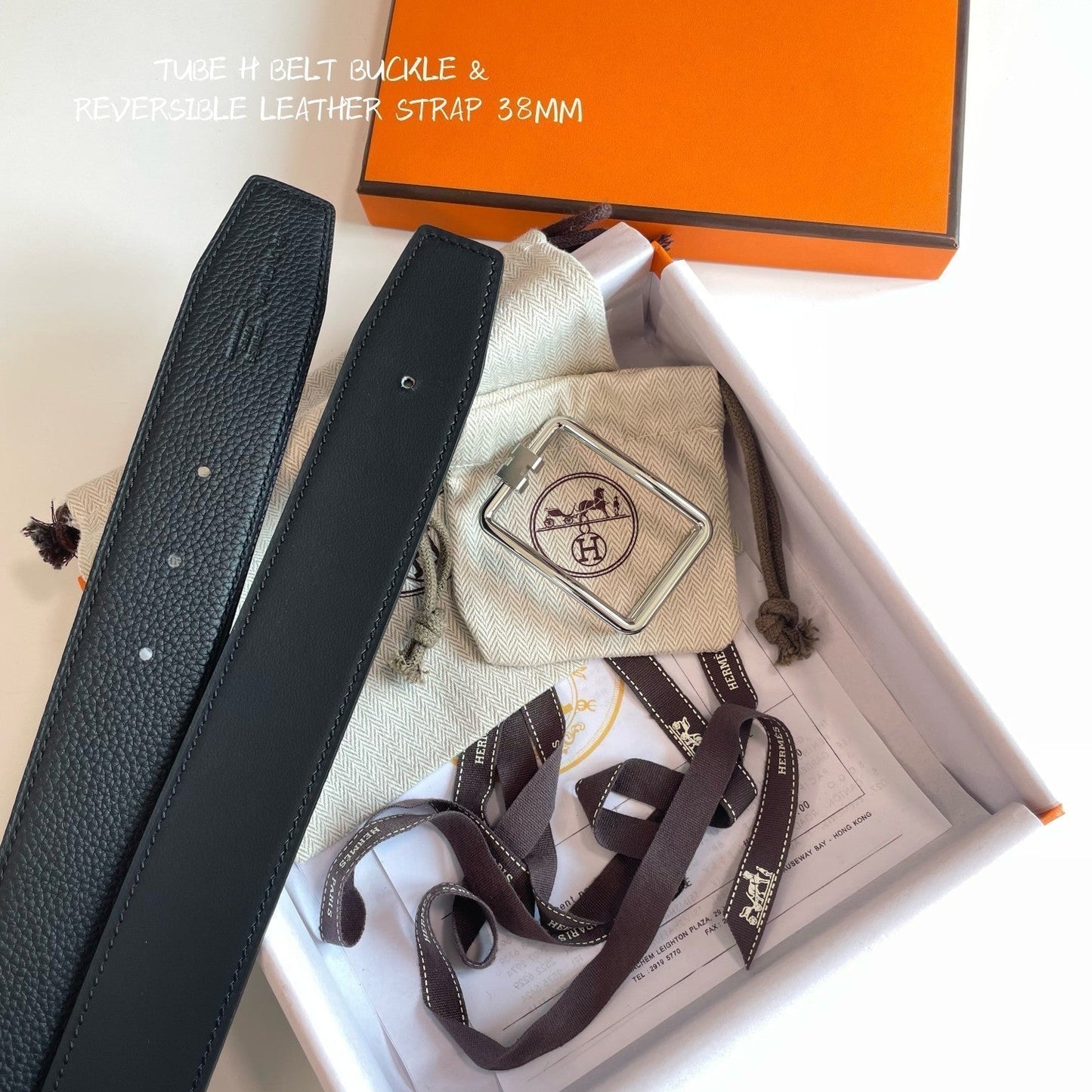TUBE H BELT GOLD BUCKLE & REVERSIBLE BLACK LEATHER STRAP 38MM