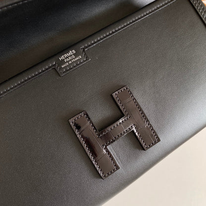 JIGE ELAN 29 CLUTCH IN BLACK CALFSKIN WITH LIZARD SKIN