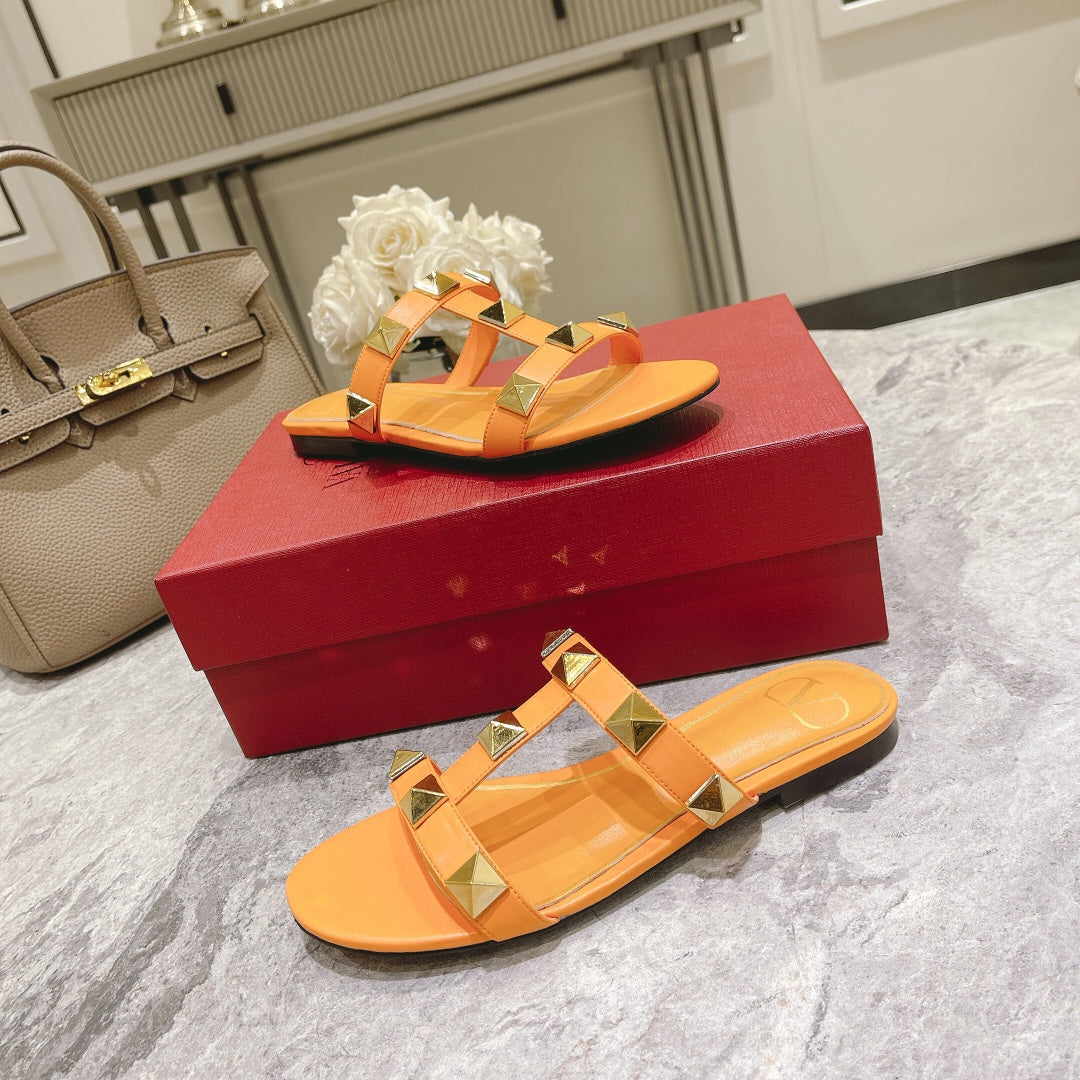 ROMAN STUD MANGO ORANGE CALFSKIN FLAT SLIDE SANDAL 25 MM