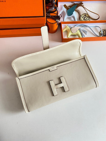 JIGE ELAN 29 CLUTCH IN BISQUE BEIGE CALFSKIN WITH LIZARD SKIN