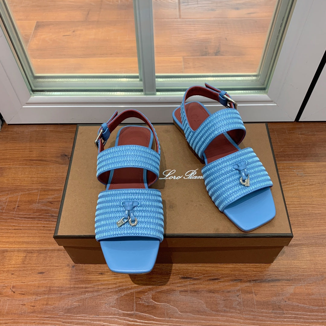 LP RAFFIA CHARMS STRAP FLATS SANDAL SKY CALFSKIN