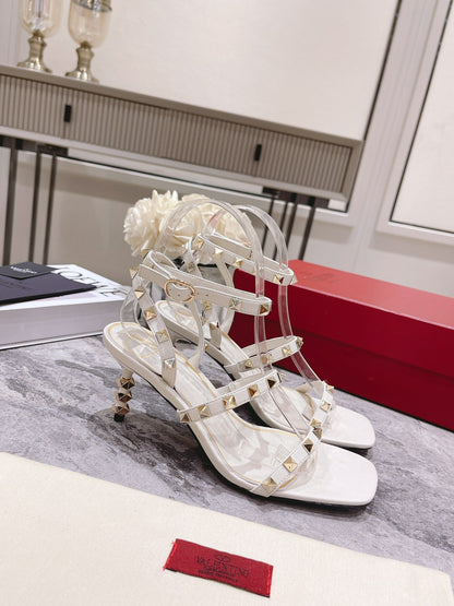 HIGH HEEL 6 CM SANDAL IN WHITE LAMBSKIN WITH STUDS