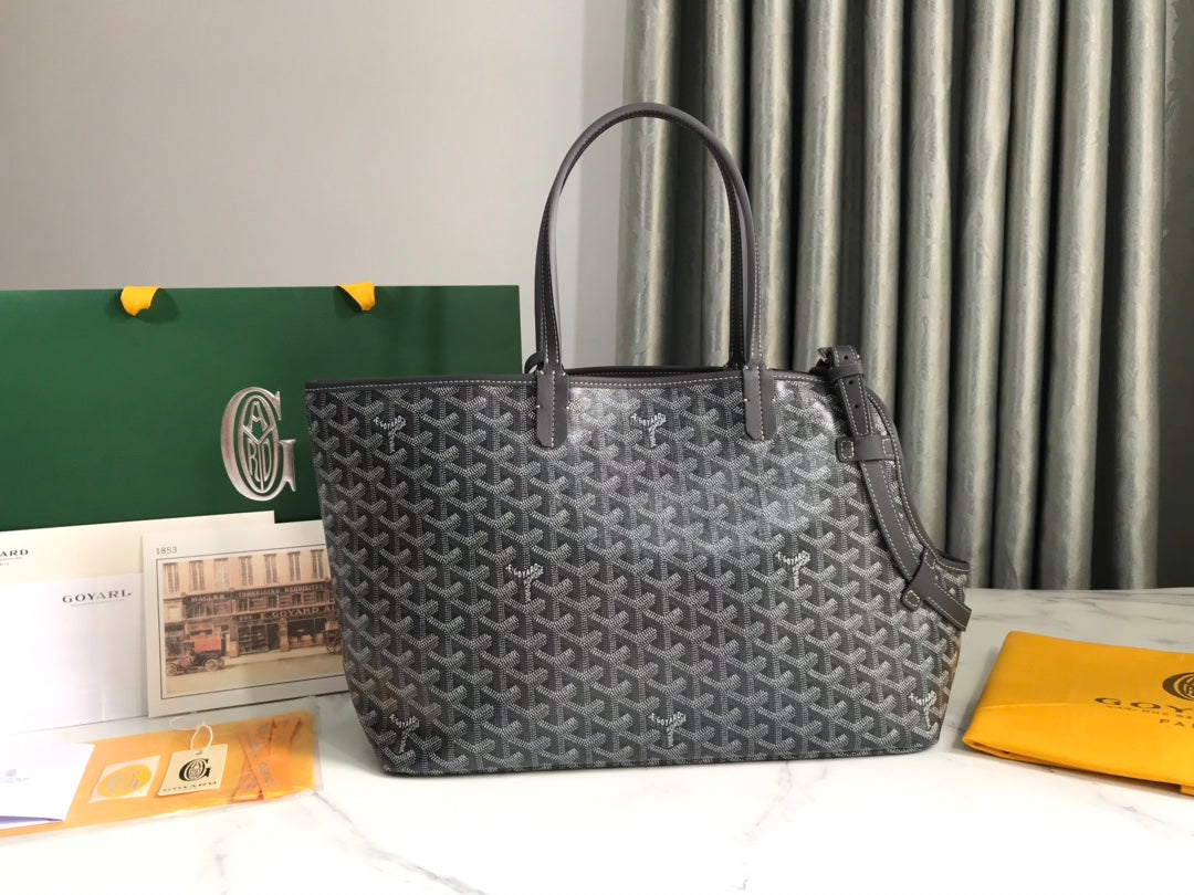 CHIEN GRIS BAG 33 IN GREY BLACK GOYARDINE CANVAS AND CALFSKIN TRIM
