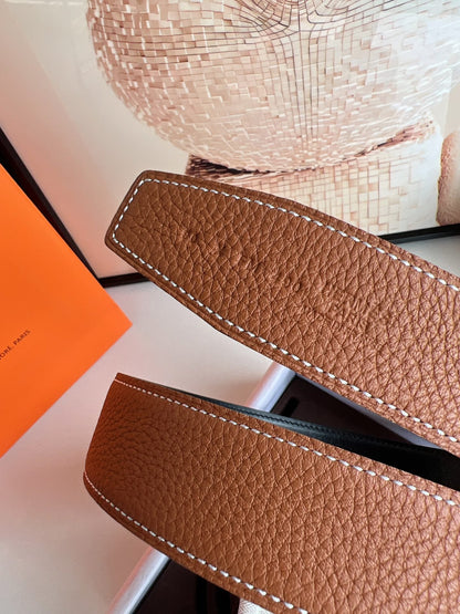 HM ROYAL BELT BUCKLE & REVERSIBLE NOIR AND CIDER ORANGE LEATHER STRAP 32 MM SILVER HARDWARE