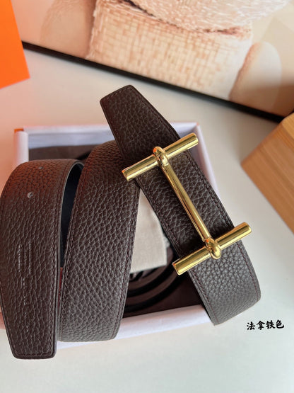 HM H D'ANCRE BELT BUCKLE & REVERSIBLE CHOCOLATE BROWN LEATHER STRAP 38 MM GOLD HARDWARE
