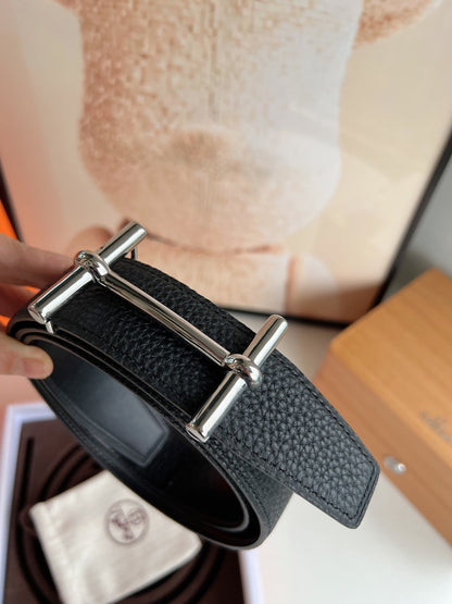 HM H D'ANCRE BELT BUCKLE & REVERSIBLE BLACK LEATHER STRAP 38 MM SILVER HARDWARE