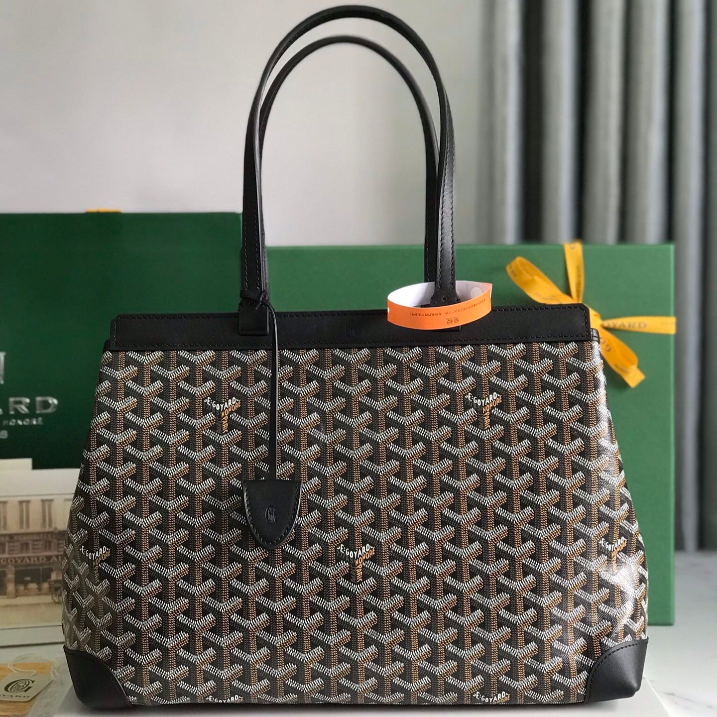 BELLECHASSE BIAUDE PM BAG 36 IN BLACK GOYARDINE CANVAS AND CALFSKIN TRIM
