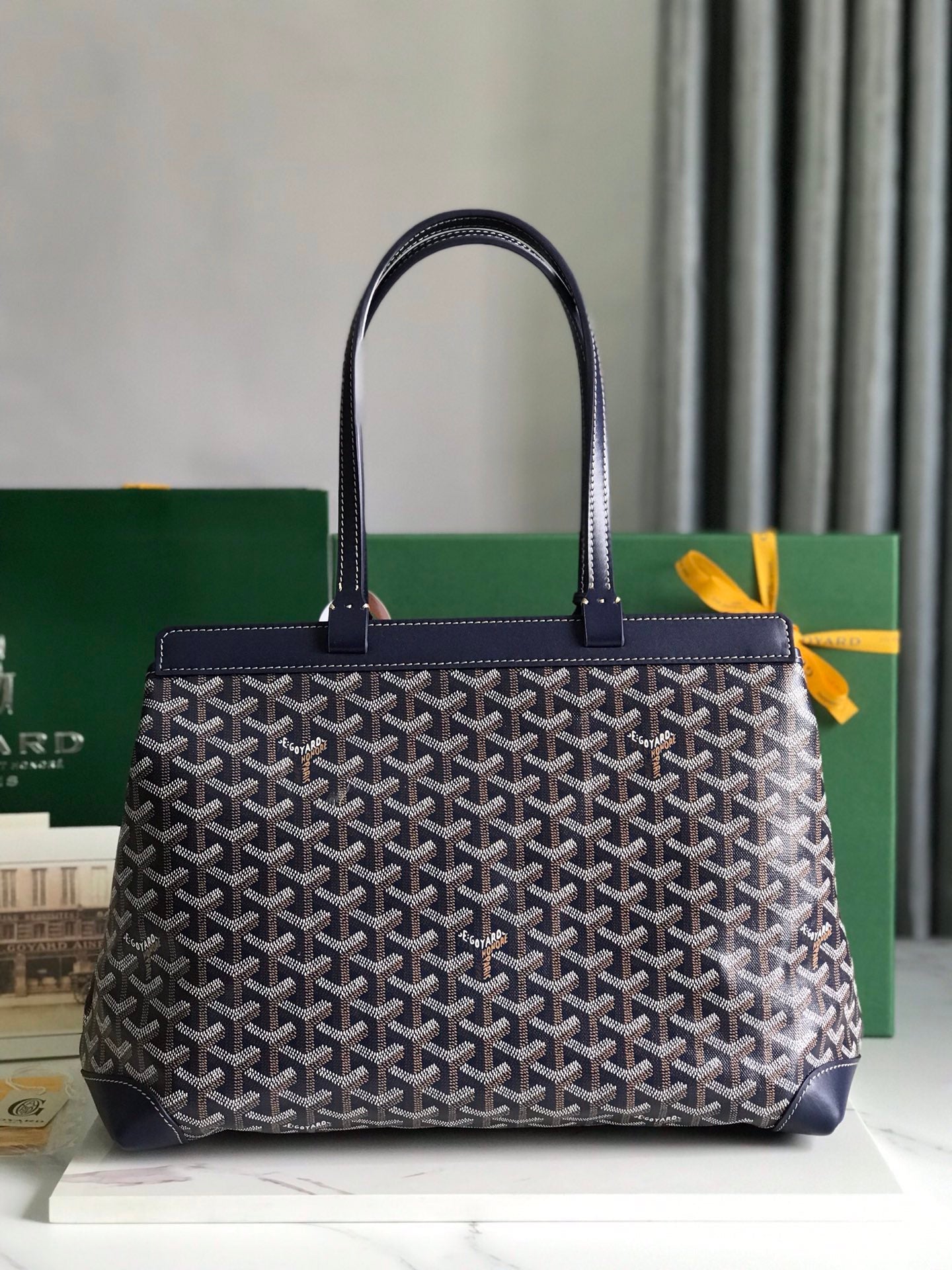 BELLECHASSE BIAUDE PM BAG 36 IN NAVY BLUE GOYARDINE CANVAS AND CALFSKIN TRIM