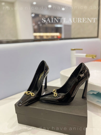 SL SILVANA CHAIN PUMPS GLOSSY BLACK CALFSKIN