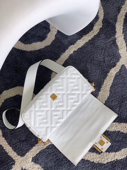 Fend Baguette 27 Bag With FF Motif White Leather Ghw