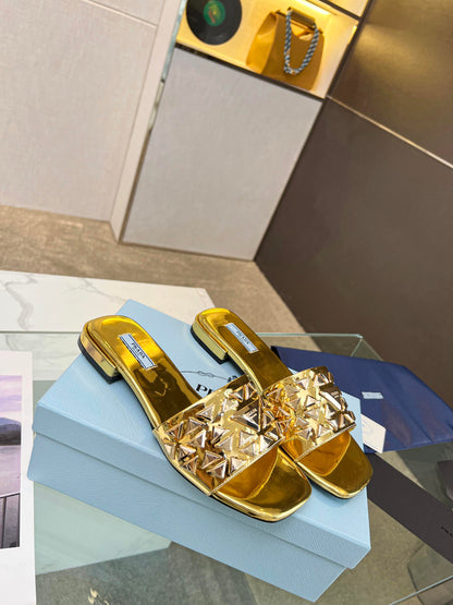 PRA EMBROIDERED SLIDES FLAT METALLIC GOLD CALFSKIN