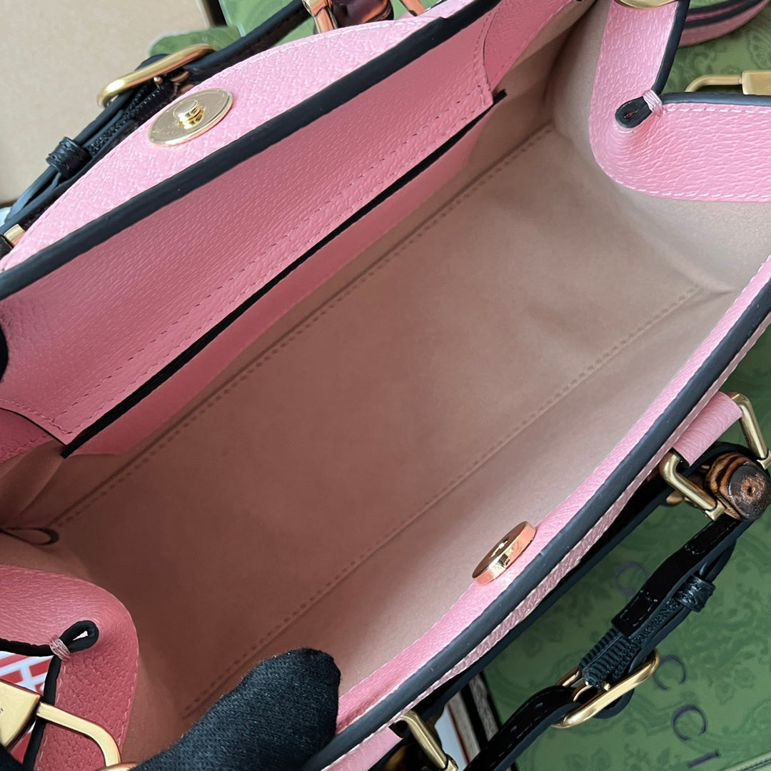 DIANA MEDIUM TOTE BAG 27 IN PINK CALFSKIN BAMBOO HANDLES