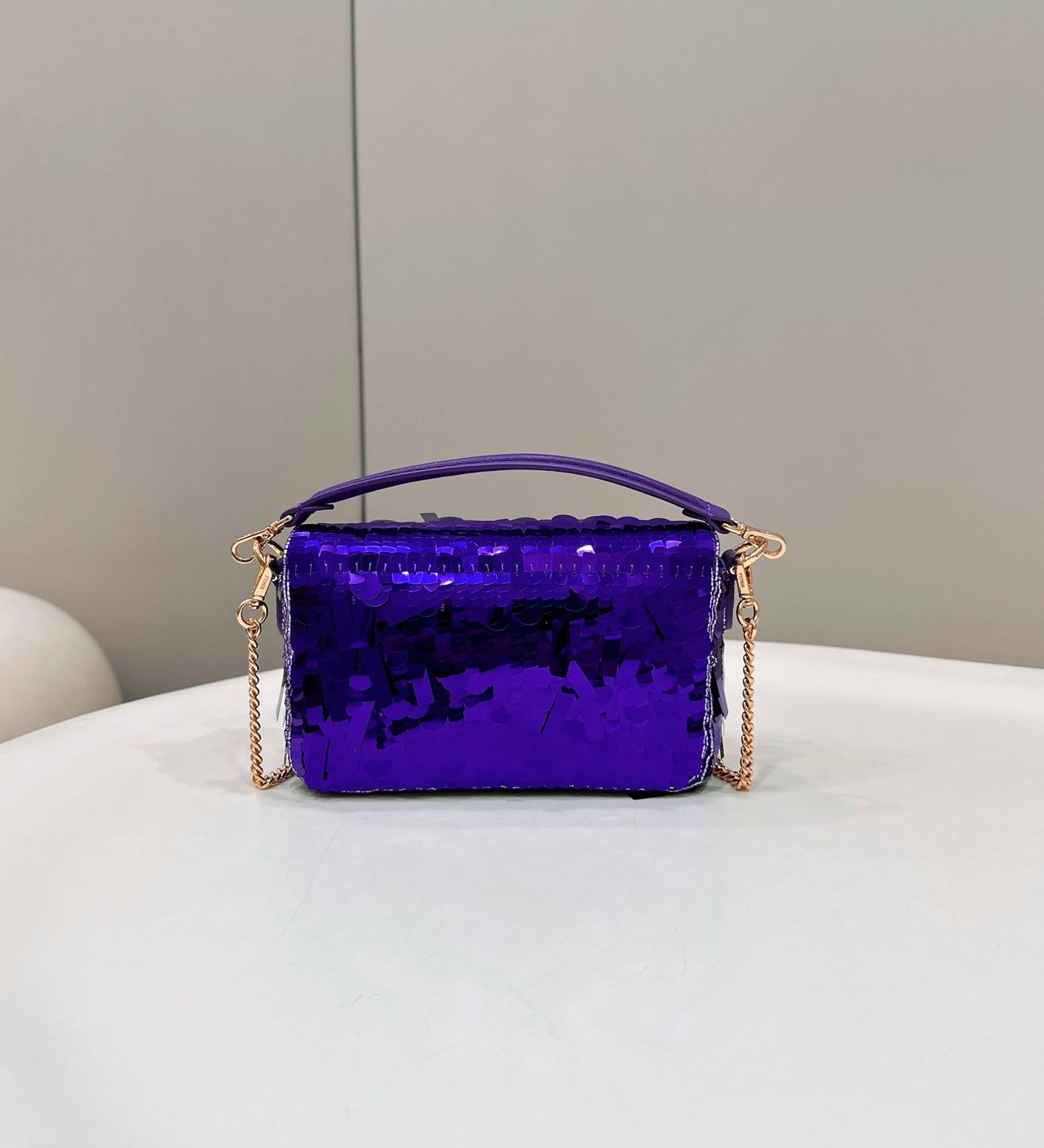 BAGUETTE MINI 19 IN GRAPE JELLY SEQUINS GOLD HARDWARE